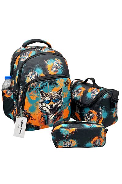 ms mixxstore Rucsac pentru școală primară pentru băiat cu model de lup, cu alimentare din folie și suport pentru stilou