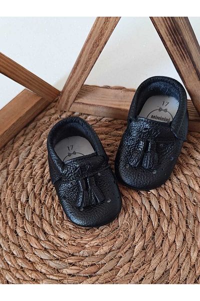 MİNİBİRİ Royal Model Black Color Genuine Leather Baby Loafers Baby Shoes