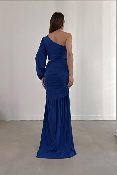 Deafox Saks Blue Single Rukáv Sandy Fabric pas Nízký střih detail nabírané šaty