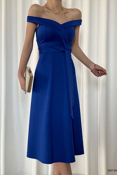 Deafox Saks Blue Scuba Fabric Madonna Guler Rochie cu curea