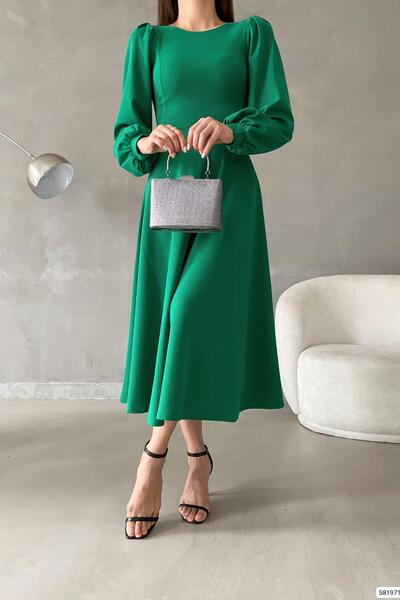 Deafox Zöld léggömb ujjú, legény nyakú, alap Midi méretű, importált krepp szövet ruha