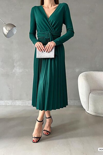 Deafox Green Double Breasted Collar Long Sleeve Crepe Fabric Long Pleated Dress With Belt