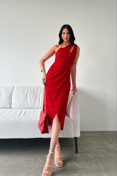Deafox Rochie midi din țesătură creponată roșie cu un singur umăr