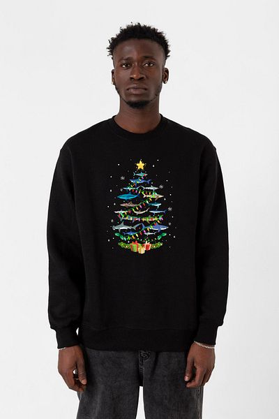 Tshirthane Мъжки суитшърт Shark Christmas Tree Black 2ip