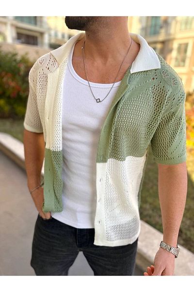 elkumoda Πουκάμισο Oversize Βαμβακερό ύφασμα κατά του ιδρώτα με κουμπιά που κλείνει με πλέγμα ιταλικό γιακά κοντομάνικο πουκάμισο