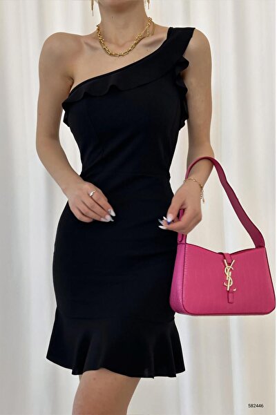 Deafox Μαύρο Φόρεμα με μονό ώμο με λεπτομέρεια από ύφασμα κρεπ