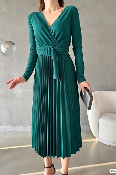 Deafox Green Double Breasted Collar Long Sleeve Crepe Fabric Long Pleated Dress With Belt
