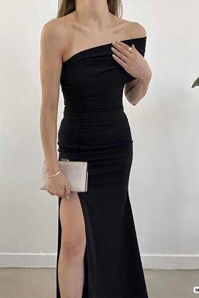 Deafox Black Crepe Fabric Strapless One-Shoulder Gather and Slit Detail Maxi Length Dress