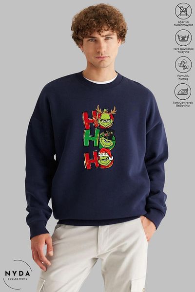 Nyda Collections Unisex Grinch Hohoho Christmas Christmas Printed Crew Neck Hoodless Raster Oversize Sweatshirt