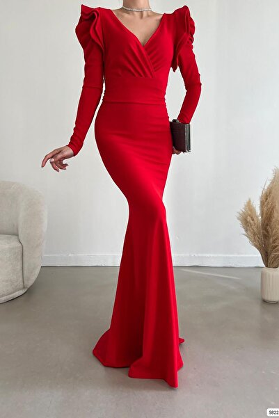 Deafox Red Shoulders Flounce Detail Long Sleeve Belted Maxi Length Imported Crepe Fabric Dress