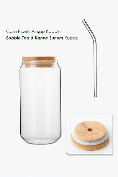 Maridet Heat Resistant Glass Bubble Tea and Borosilicate Cup with Straw and Wooden Lid| 4 Pieces