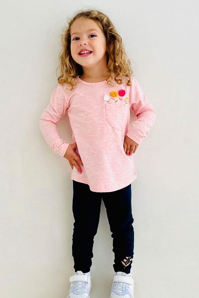 Breeze Girl's Tights Suit with Pockets, Flower Tassels and Embroidery, Age 3-8, Salmon Melange