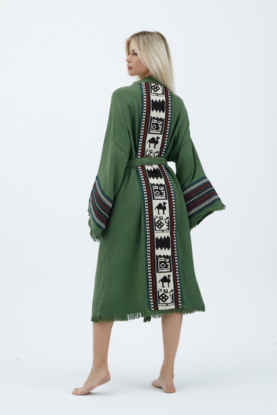Befera Design Muslin Kimono 100% Cotton Camel Camel Patterned Bathrobe Caftan Dressing Gown