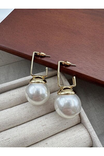 Jerie Gold Dikdörtgen Plaka İnci Detay Vintage Küpe