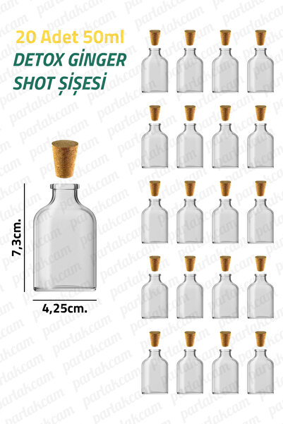 parlakcam Ginger Detox Şişesi 50ml Mantar Tıpalı Mini Cam Şişe 50cc Shot Şişesi Cam Sızdırmaz (20 Adet)