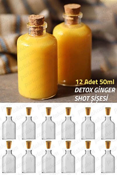 parlakcam Shot Bottle 50ml Mini Glass Bottle with Cork Stopper 50Cc Glass Ginger Detox Bottle Leak Proof (12 Pcs)