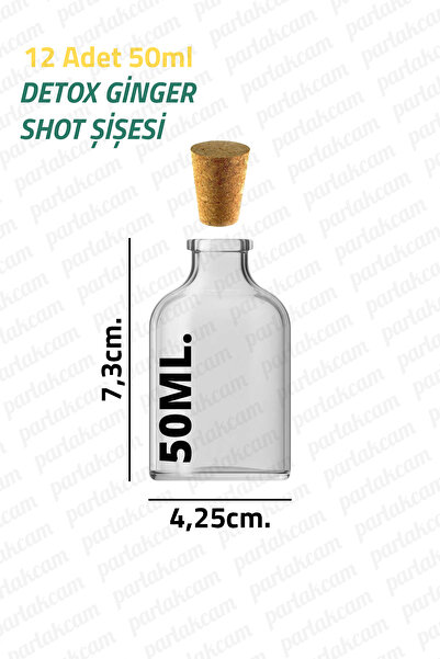 parlakcam Shot Bottle 50ml Mini Glass Bottle with Cork Stopper 50Cc Glass Ginger Detox Bottle Leak Proof (12 Pcs)