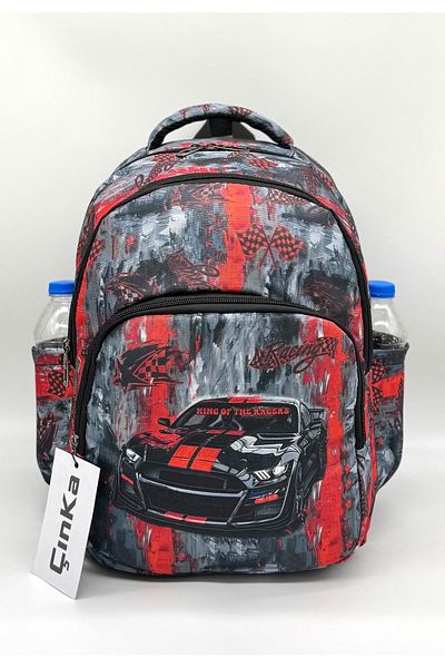 Çınka Bags Rucsac pentru băieți de culoare roșie cu model de mașină, cu suport pentru nutriție și stilou