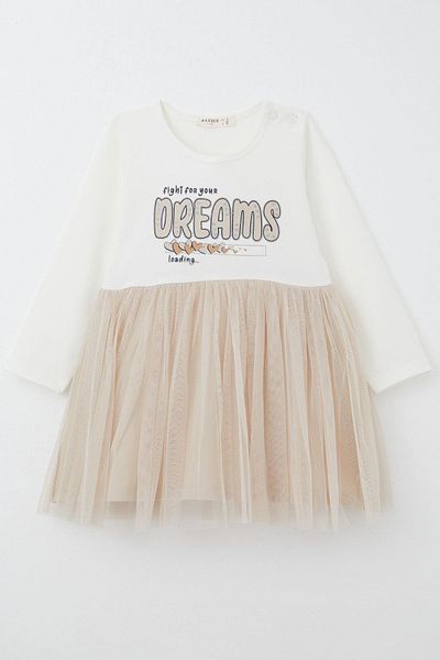 Breeze 2-6 Years Old Girls' Dress - Long Sleeve, Glitter and Letter Printed Heart Ecru