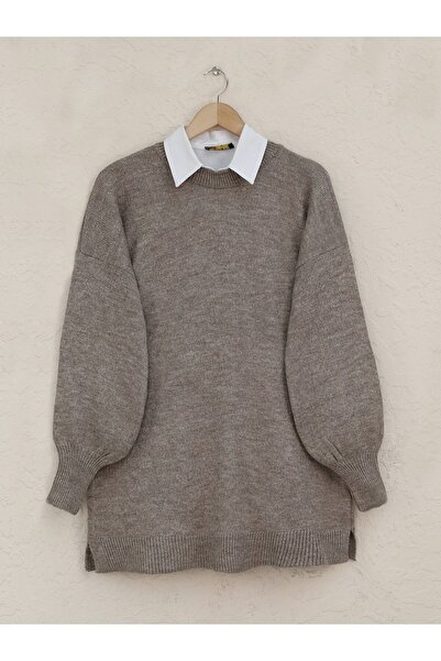 Modamorfo سترة تريكو كاجوال بأكمام بالون وياقة دائرية - بني