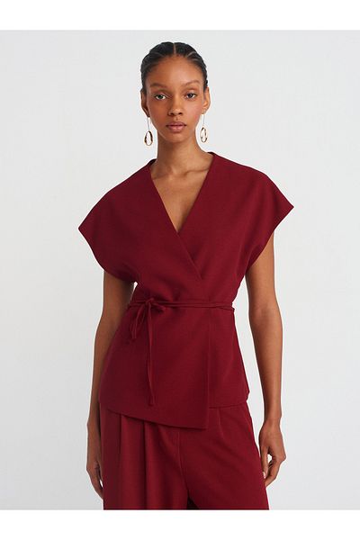 Dilvin 60567 Double Breasted Vest with Waist Belt-Burgundy