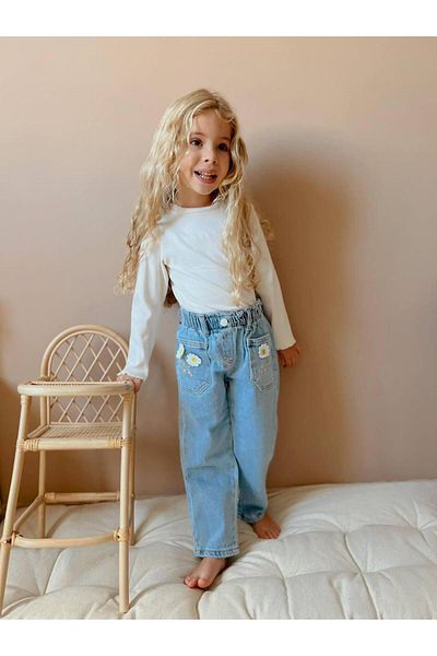 2kids2mom PANTALON JEANS CU MOLIE DE BRODARE MARGARETĂ CU ELASTIC LA TALIE PENTRU FETE