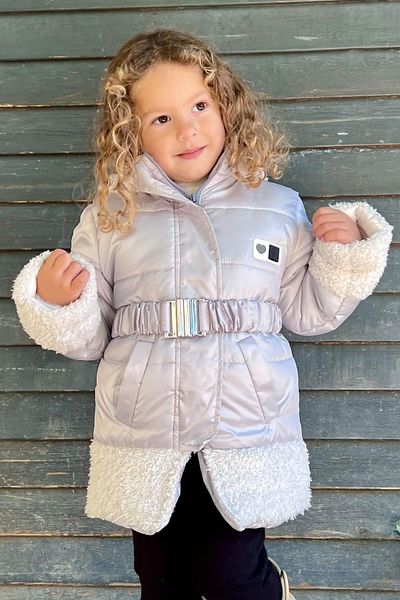 esso mandolin Light Gray Plush Girl's Coat - Belted, 2-6 Years