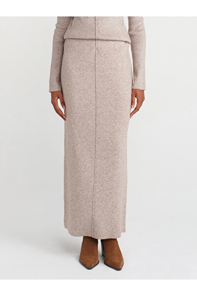 Dilvin 80116 Beli Lastikli Dikiş Yırtmaç Detaylı Triko Etek-Vizon M.