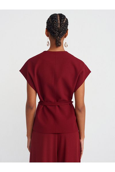 Dilvin 60567 Double Breasted Vest with Waist Belt-Burgundy