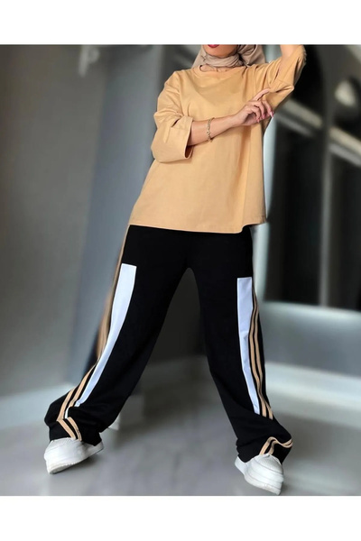 npLStore Kadın Büyük Beden T-shirt Yanları Şerit Eşofman Altı Ikili Takım