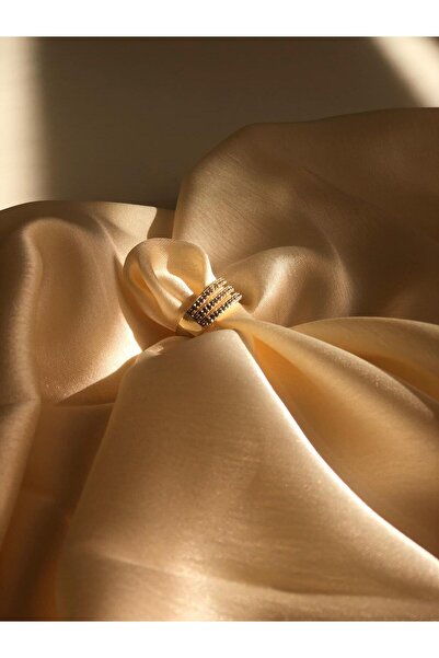 Tulipscollection üç sıra zirkon taşlı gold çelik yüzük
