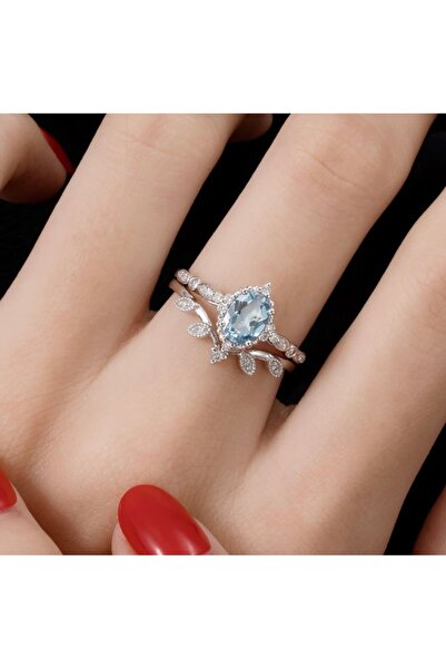 passion silver İkili Prenses Yüzük Agua Taşlı Gümüş Kaplama
