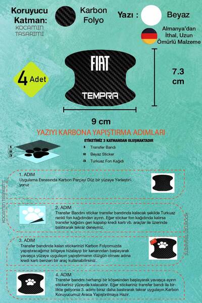 Kocamın Tasarımı Karbon Desenli Fiat Tempra Kapı İçi Çizik Önleyici ve Şık Tasarım Folyo Koruma Seti Tempra Yazılı