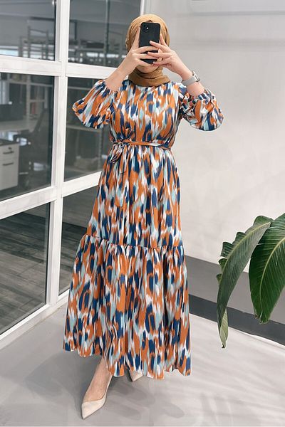 ModaSelin Ms246 Print Belted Orange Dress