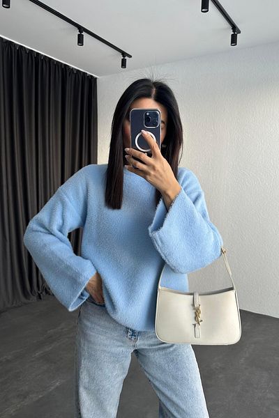 Vaveyla Soft Bearded Yarn Wide Sleeve Detailed Knitwear Sweater