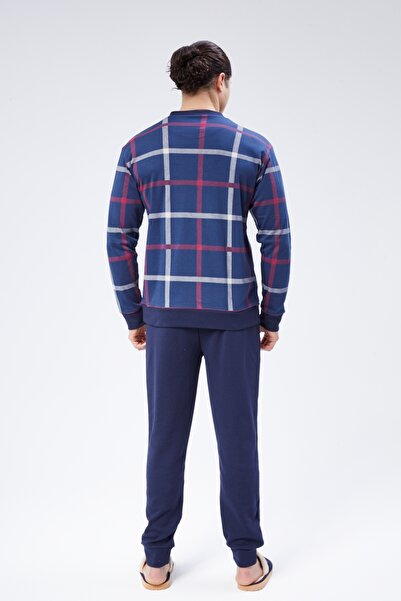 M MOONCOVER Mooncover Erkek Pamuklu Mevsimlik Pijama Takımı – Düğmeli Lacivert Baskılı