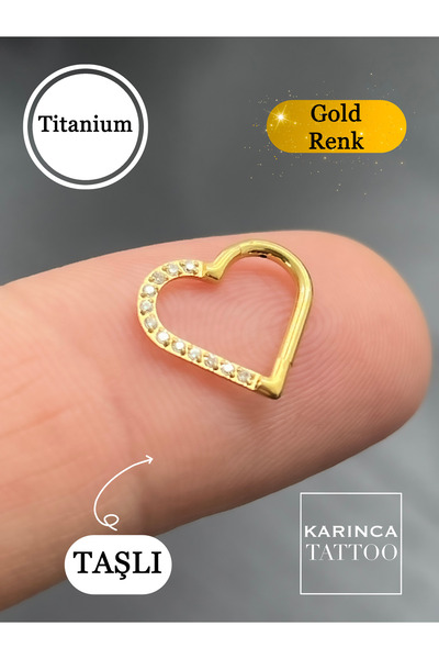 Karınca Piercing Kalp Gold Altın Rengi Zirkon Taşlı Halka Titanyum Piercing T...