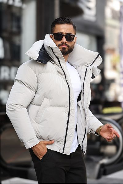 BearGlam Stand Collar Cream Men's Hooded Coat