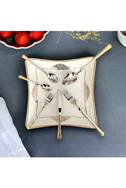 çaymekani Ayd 36 Parça 6 Kişilik Çatal Kaşık Bıçak Seti Lüks Gold Desenli Pas...