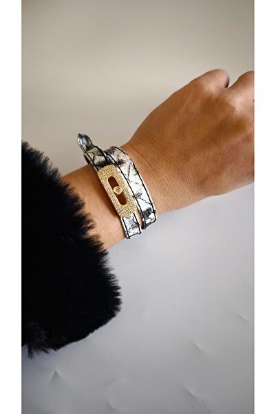 VOBEEYKU Black and white pattern leather gold detailed bracelet choker