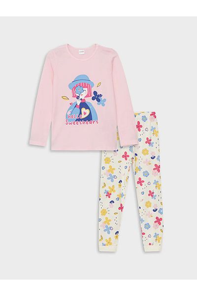 LC Waikiki Crew Neck Printed Long Sleeve Girl's Pajama Set