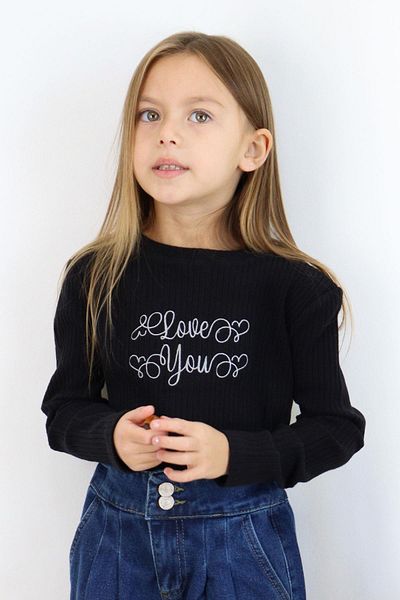 Breeze Tricou cu mânecă lungă brodat pentru fetiță de 6-12 ani - negru