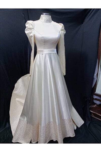 Butik Tesettür,, Işlemeli, Pleli, Krem Rengi Saten Gelinlik Fatma Deniz
