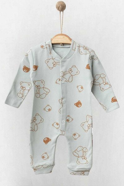 dinamik çocuk Teddy Bear Printed Unisex Baby Jumpsuit - Ribbed Fabric, Snap Fastener, 100% Cotton, Flexible, 1-3-6 Months