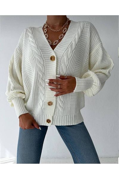 BYKUZEYARAS Women's 4-Button Knitted Salaş Cardigan