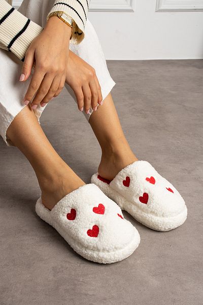 STOCON Red Embroidered Heart Fluffy House Slippers - Dowry Bundle Slippers Valentine's Day
