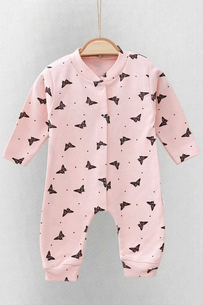 dinamik çocuk Butterfly Printed Baby Girl Jumpsuit - 100% Cotton, Flexible, 1-3-6 Months