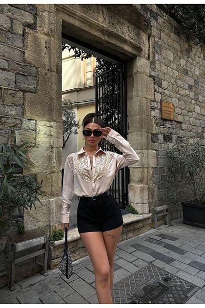 LB Laluna Butik Γυναικείο πουκάμισο με παγιέτες με λεπτομέρειες