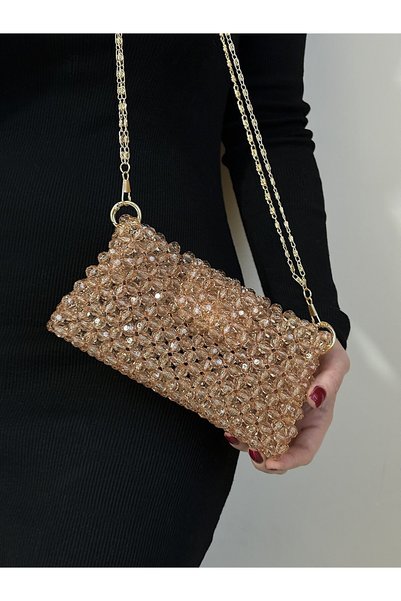 vivozza Champagne Bead Bag - Evening Dress Bag - Invitation Bag - Shoulder Bag - Evening Bag 20X13Cm