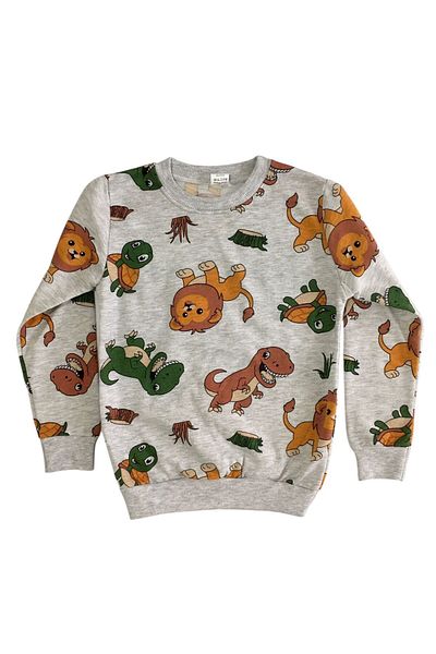 Arya Nisa Kids Boys' Two Yarn Cotton Raised Gray Lion-Dinosaur Pattern Long Sleeve Winter Pajamas Set